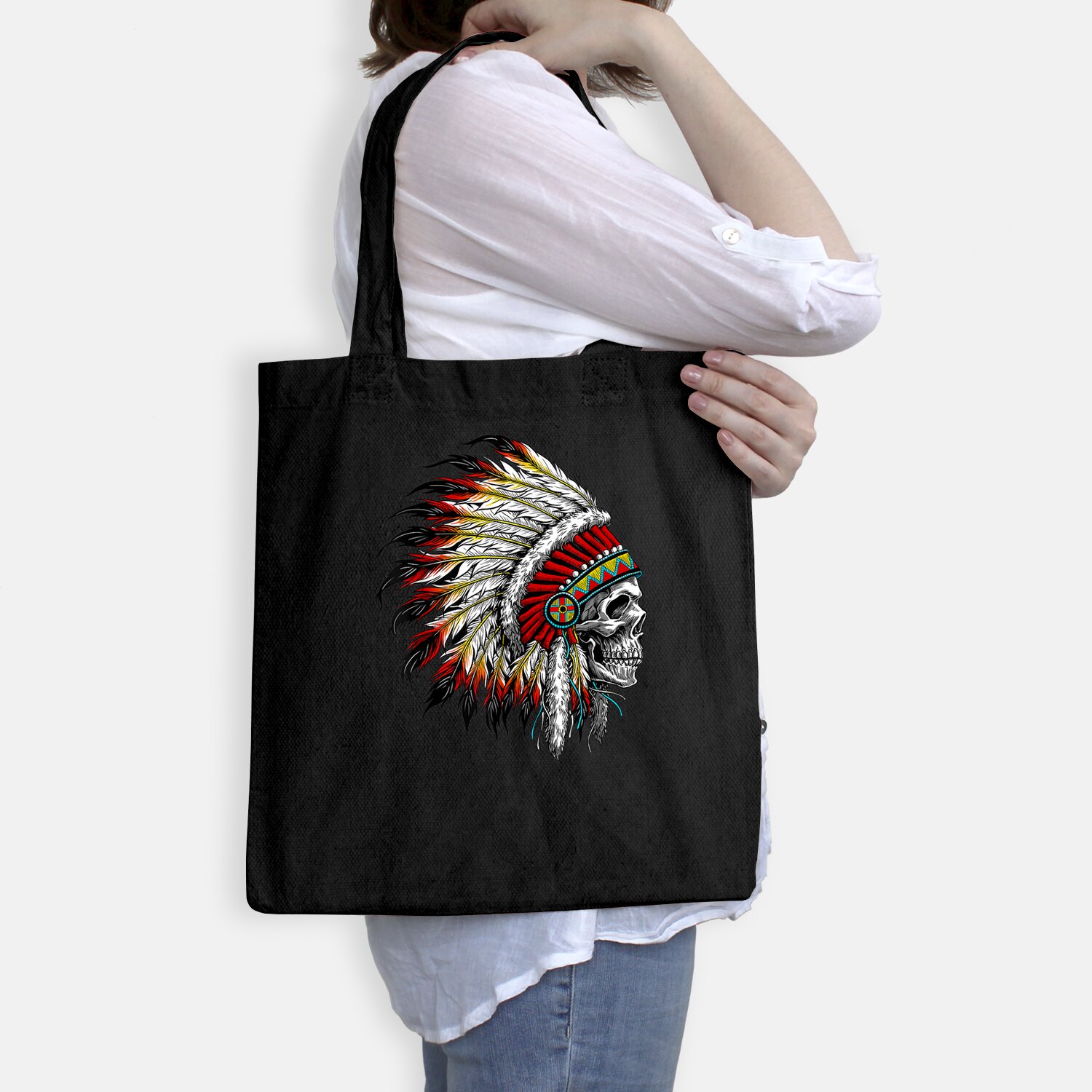 Native American Indian Chief Skull Motorcycle Headdress Tote Bag